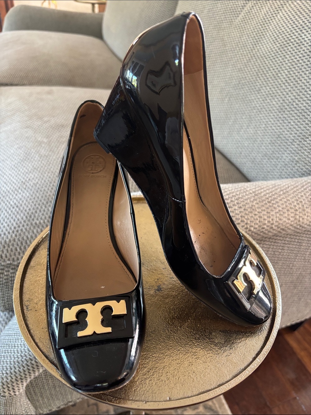 Tory Burch Black Patent Leather Logo Flats with Gold Hardware